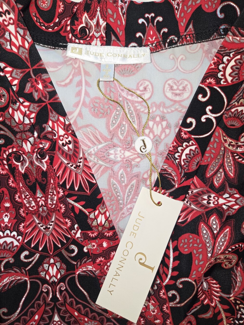 Jude Connally Red & Silver Paisley Amore Dress, 3/4 Sleeves, Small - Picture 2 of 7